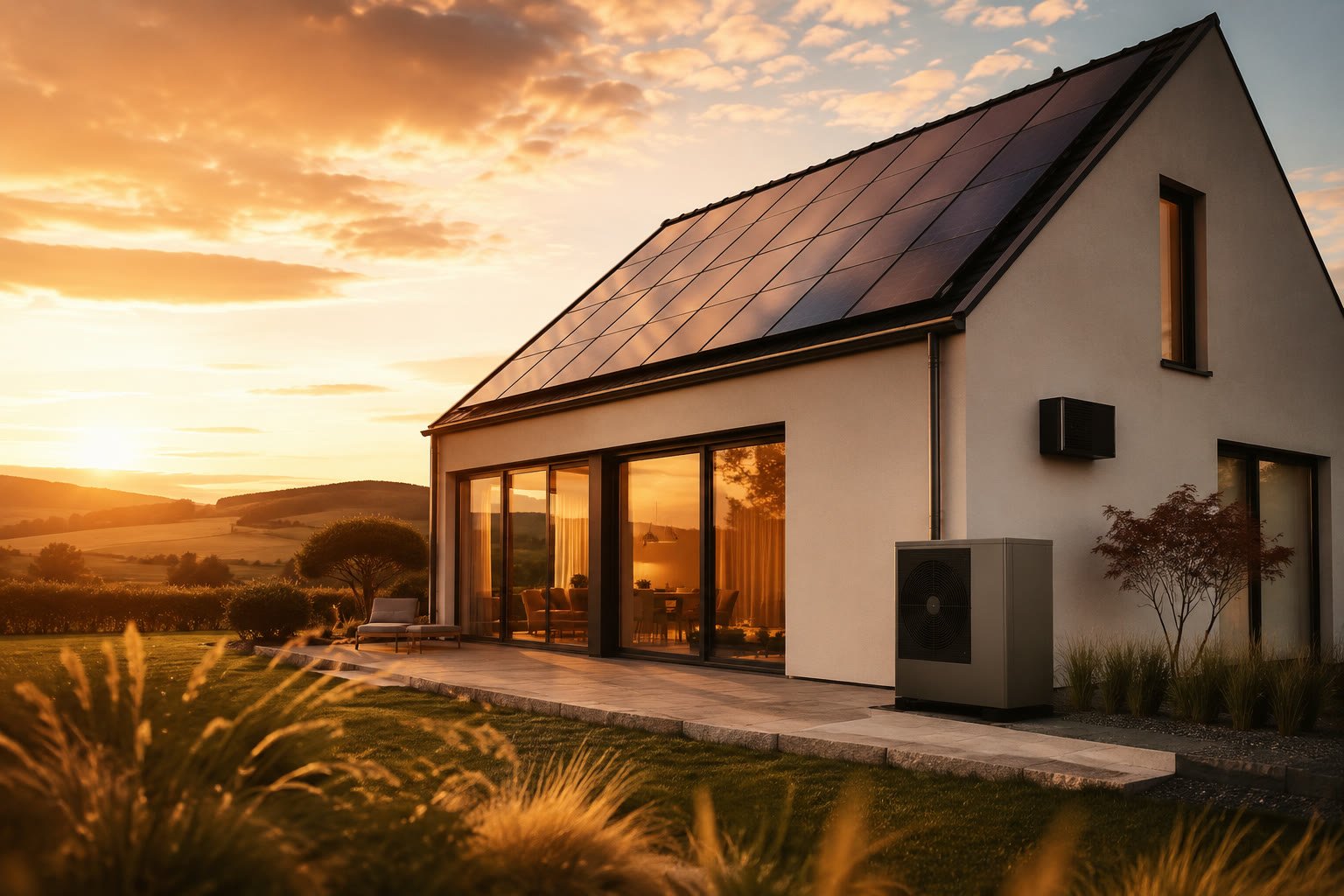 Modernes Einfamilienhaus mit Photovoltaik, Wärmepumpe und Klimaanlage in der Abendsonne